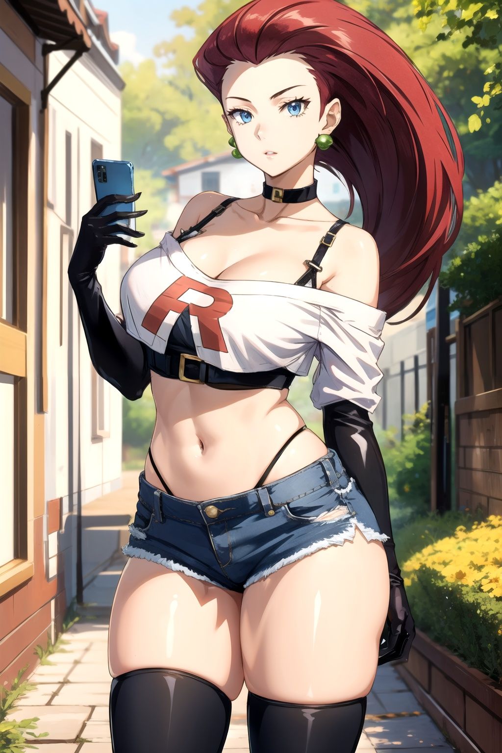 jessie pokemon,  micro shorts,  holding phone on Tensor.Art
