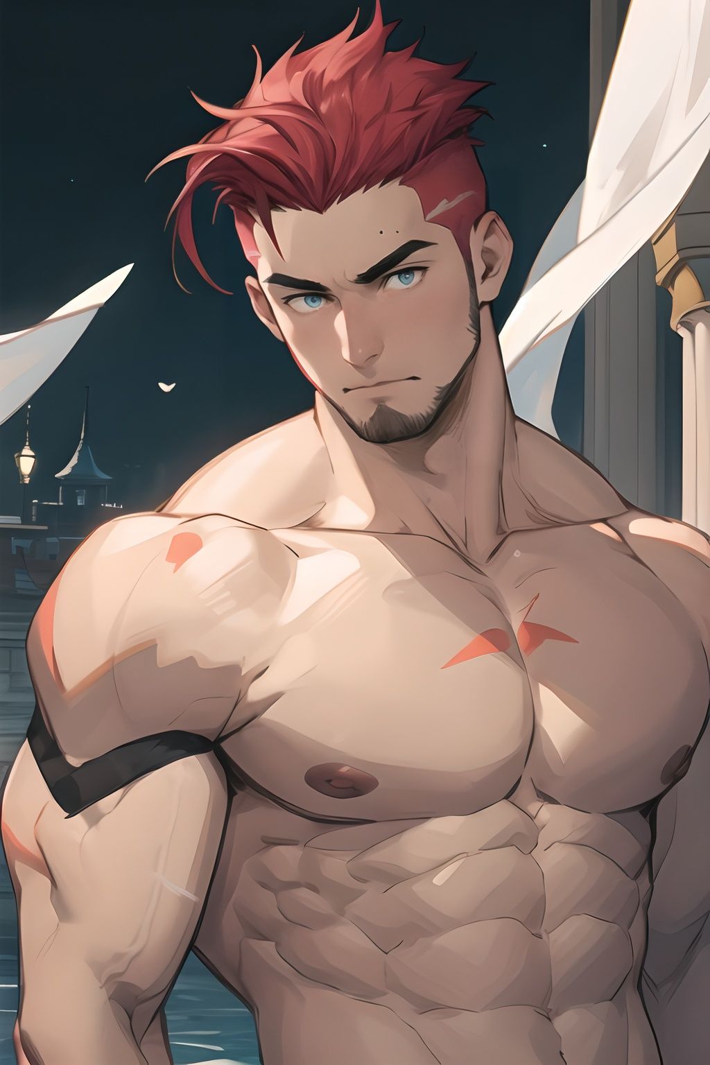 1boy,topless,stubble,facial hair,mature male ,muscular,red hair,heterochromatic eyes, floating palaces, fine, beautiful eyes, Beautiful and delicate hair, delicate face, Complex court suits, complex clothing, detailed clothing decoration ,male focus, undercut,short hair,