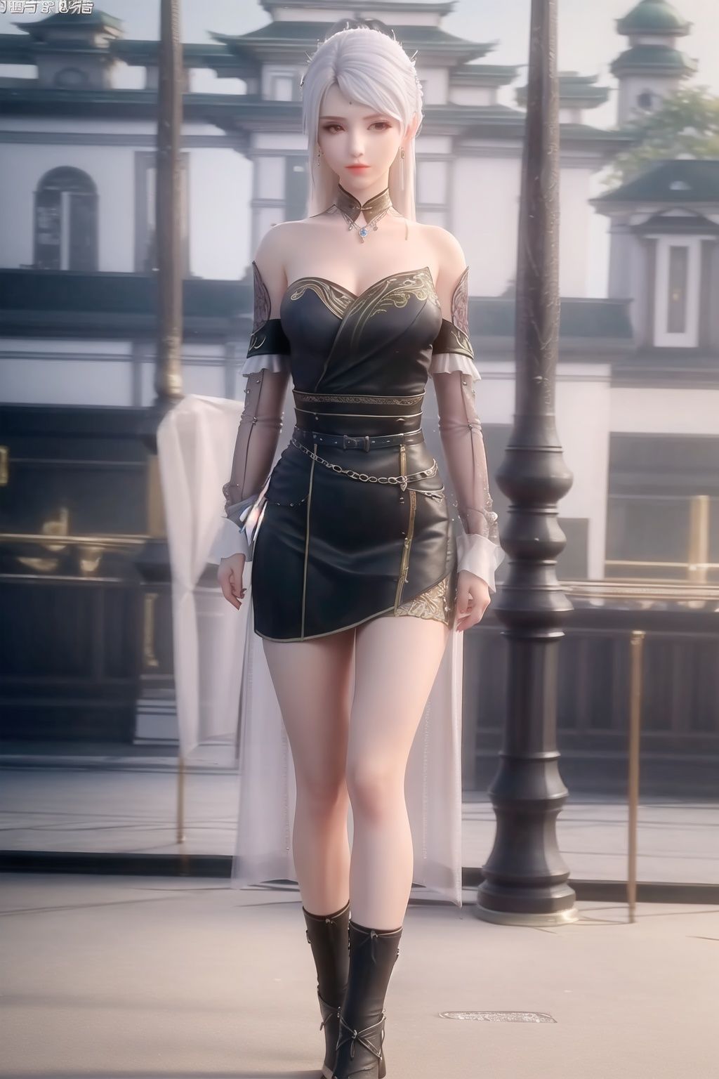 (8k, RAW photo, best quality, masterpiece:1.2),,(looking at viewer:1.2),1girl,  solo, jewelry,  earrings,white_hair, bare_shoulders, breasts,dress, socks, feet, standing, 