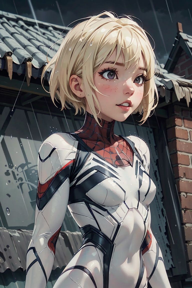 18 yo girl,  white spider man suit,  short blunt hair on Tensor.Art