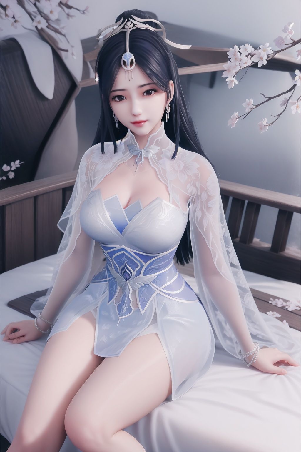 (8k, RAW photo, best quality, masterpiece:1.2),looking at viewer, cherry blossoms, river,bed,1girl, earrings, jewelry, solo, long_hair, hair_ornament,dress, sitting,