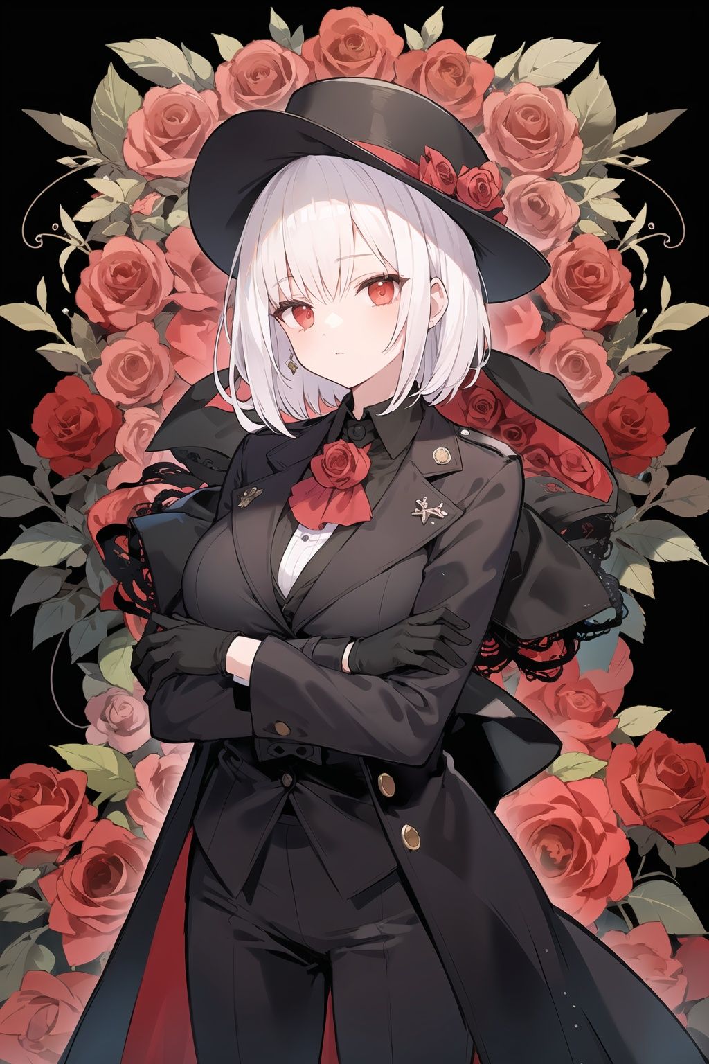 white hair,big breasts,red eyes, high detail, expressionless,{Glowing eyes},short straight hair, red roses,Black gloves, trench coat, suit, brooch,Clothes that are not bare,{{gangsters}},Wide-brimmed hat,black Suit hat,There was lace on the front,