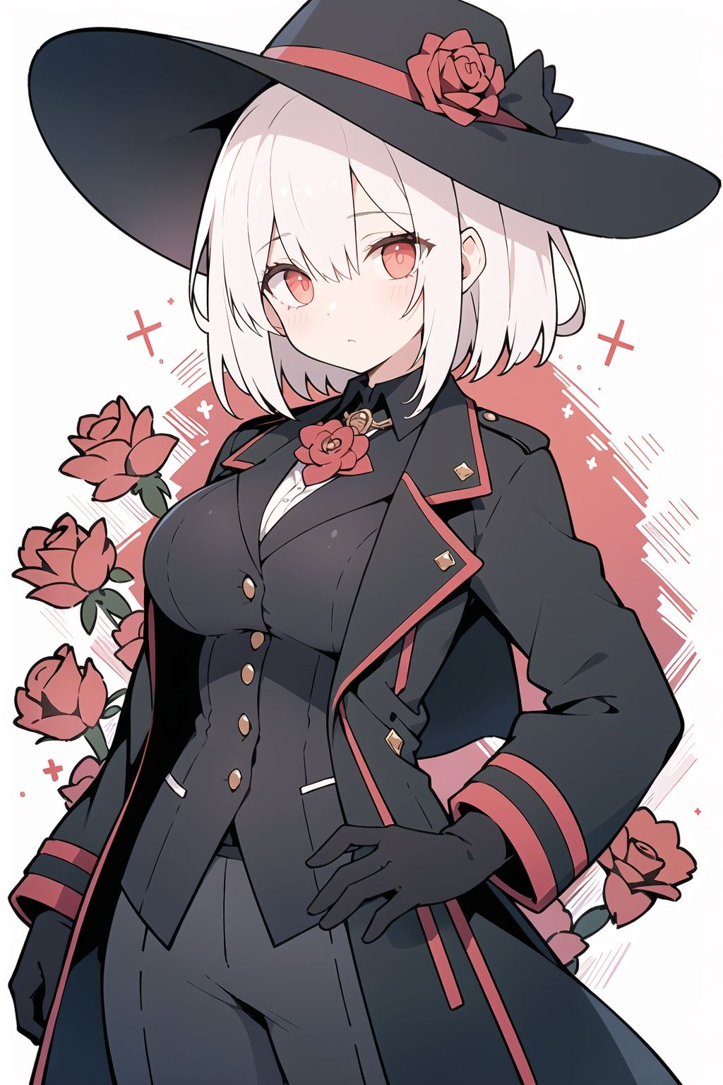 white hair,big breasts,red eyes, high detail, expressionless,{Glowing eyes},short straight hair, red roses,Black gloves, trench coat, suit, brooch,Clothes that are not bare,{{gangsters}},Wide-brimmed hat,black Suit hat,There was lace on the front,
