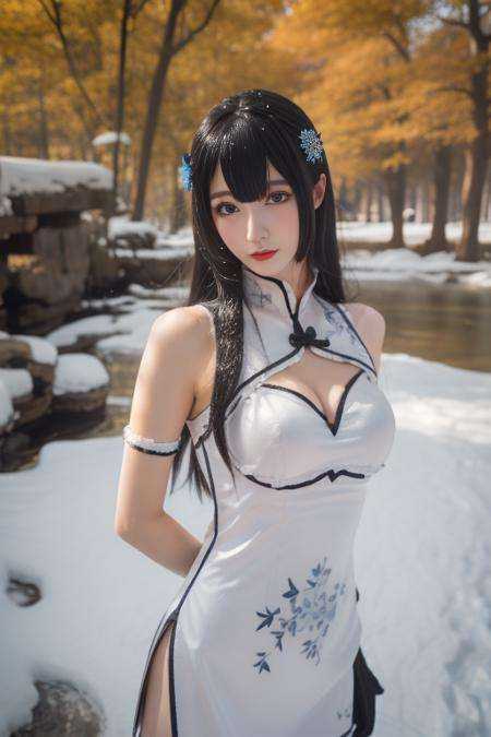 best quality, masterpiece, realistic, photo,2K wallpaper, looking at viewer,upper body, breasts focus, 1girl, 24yo cosplayer,beautifly face, pretty face,big eyes, long eyelashes,long hair,hair ornament,hair bun,pinger,white china dress,white chinese clothes,thigh strap, medium breasts,standing,outdoors,nature,path,autumn leaves,forest,wind,winter,snow,snowing,ice,sunlight,dappled sunlight,magic, ice magic circle, glowing lines, snowflakes, ice crystal,<lora:pinger_0621_03:0.8>