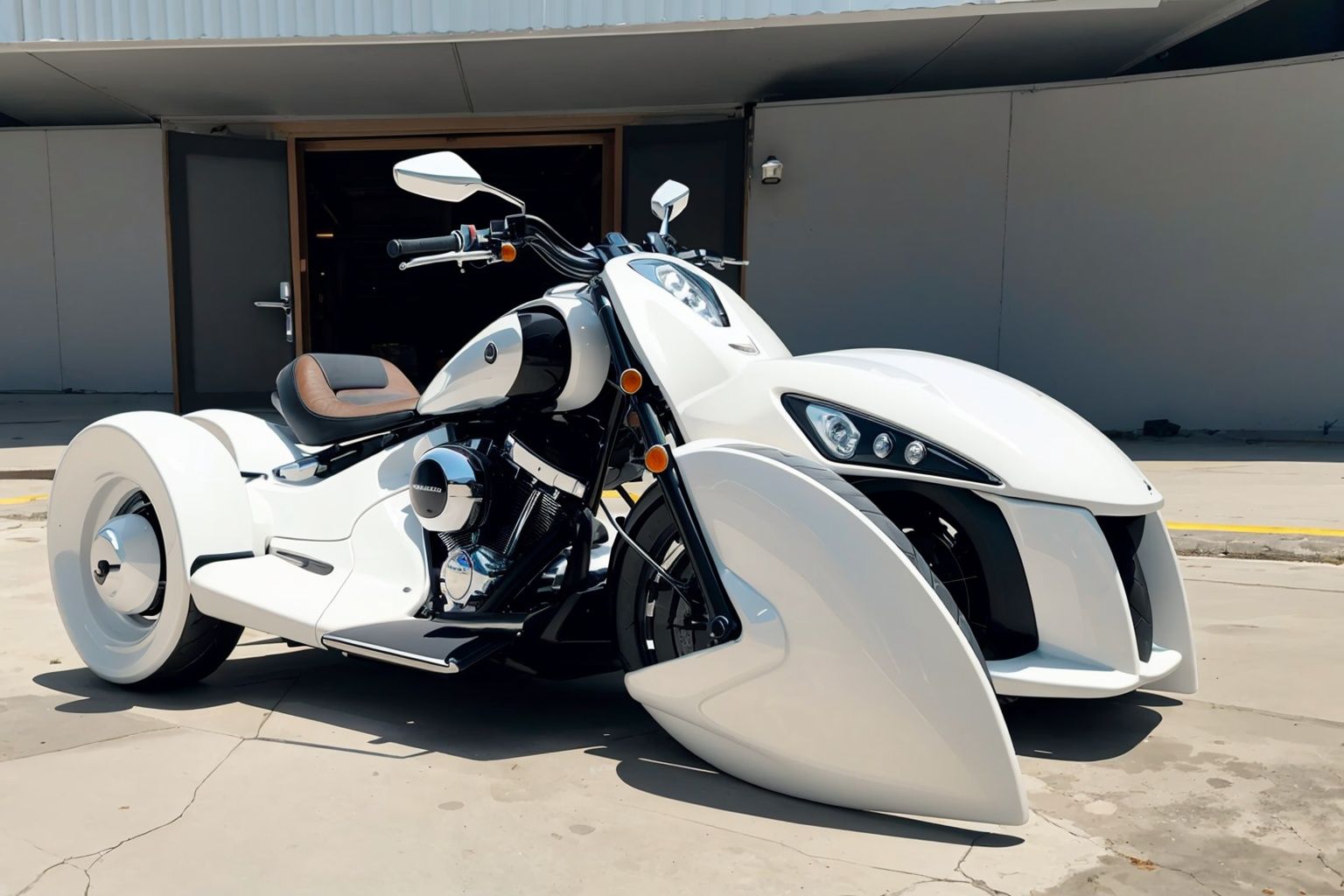 A three wheeled motorcycle with a rounded and plump front, white paint, white appearance, masterpiece, high detail, black tires, (with a white appearance:1.2), (black tires: 1.2), (black rearview mirrors:1.2),