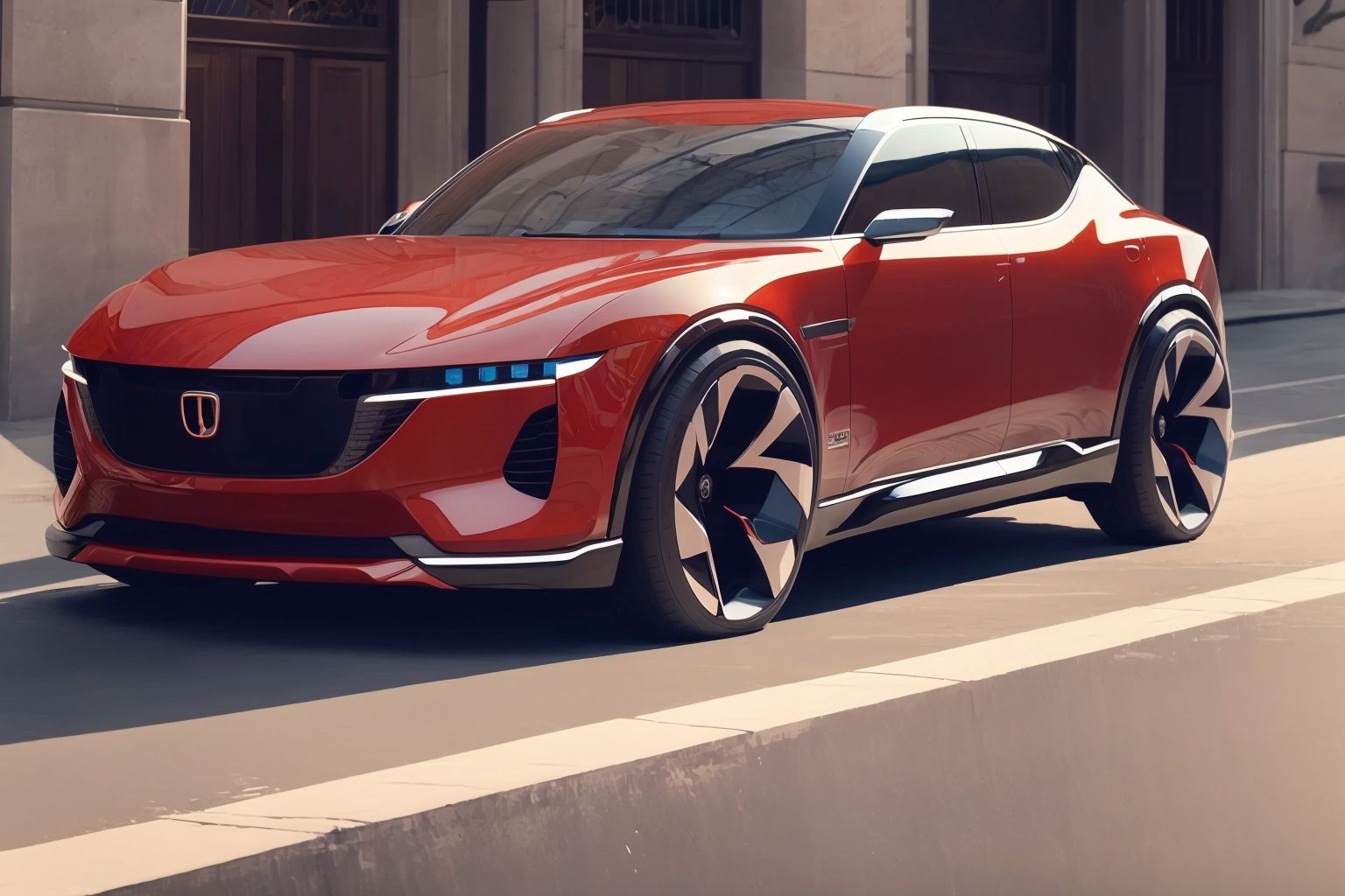  Masterpiece, (of the best quality), a concept ((SUV:1.3)), conceptual design, and electric vehicle elements.with a sense of technology, simplicity,  The red car paint has a good texture and luster.