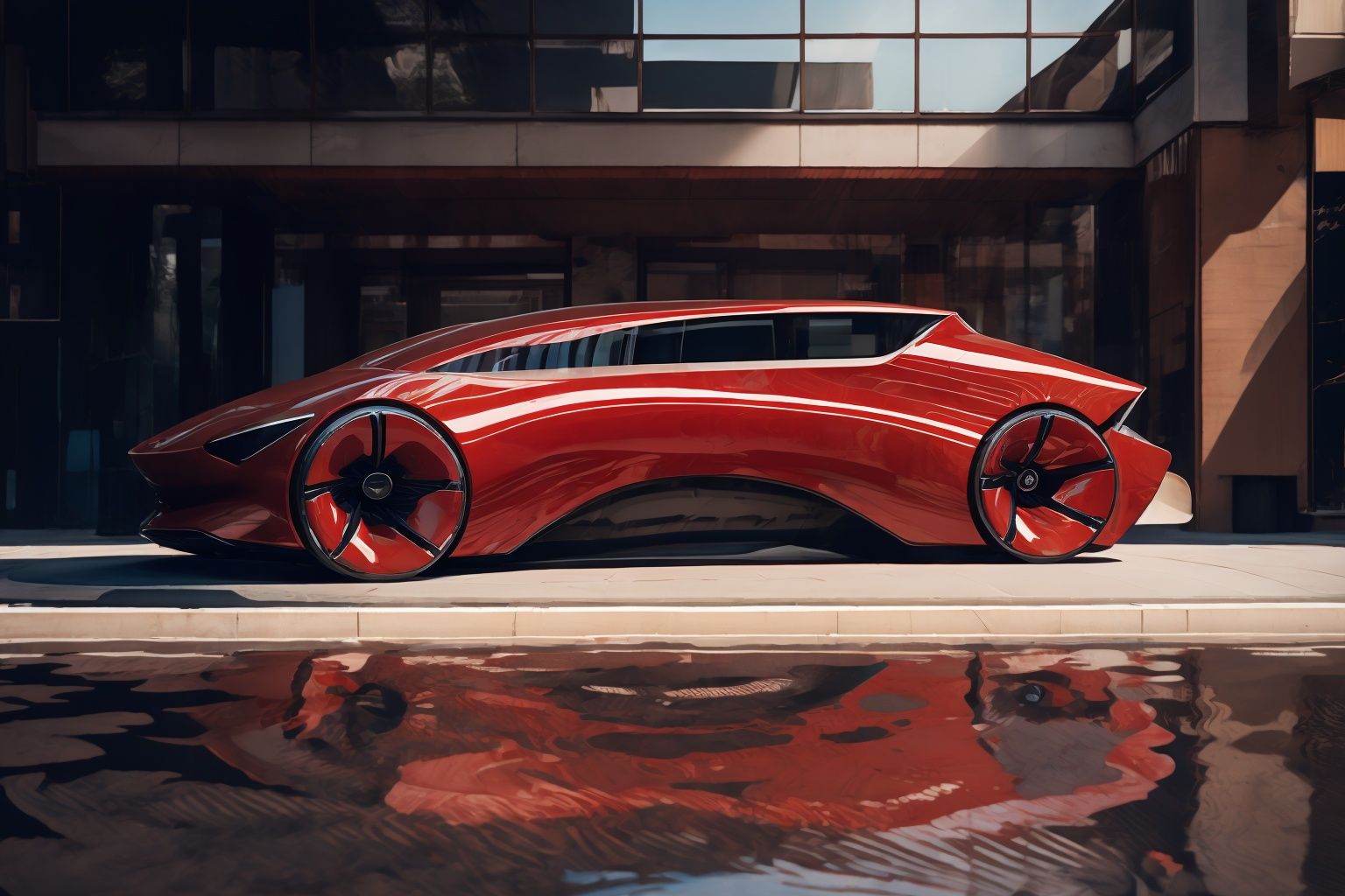  Masterpiece, (of the best quality), a concept ((VAN:1.3)), conceptual design, and electric vehicle elements.with a sense of technology, simplicity,  The red car paint has a good texture and luster.