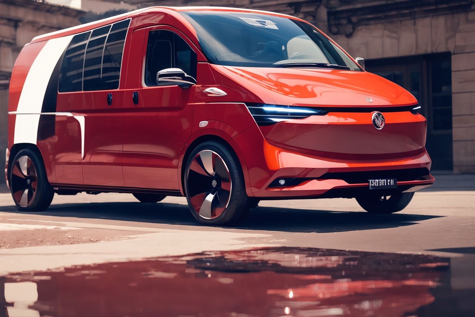  Masterpiece, (of the best quality), a concept ((VAN:1.3)), conceptual design, and electric vehicle elements.with a sense of technology, simplicity,  The red car paint has a good texture and luster.