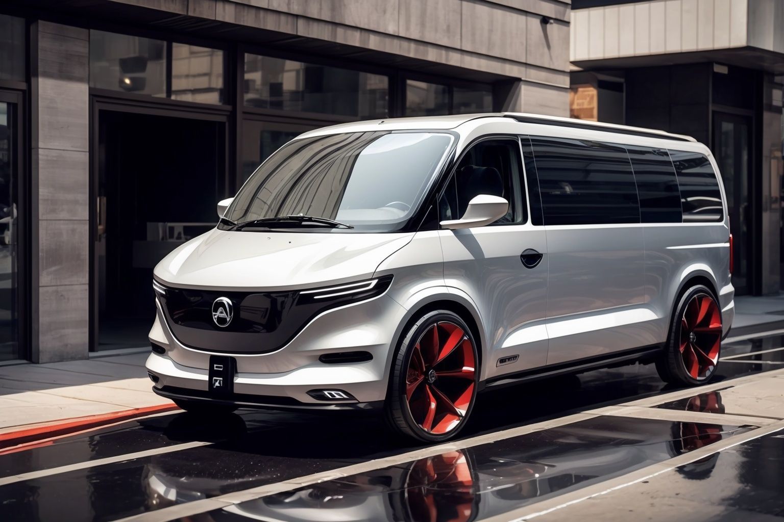  Masterpiece, (of the best quality), a concept ((VAN:1.3)), conceptual design, and electric vehicle elements.with a sense of technology, simplicity,  The red car paint has a good texture and luster.