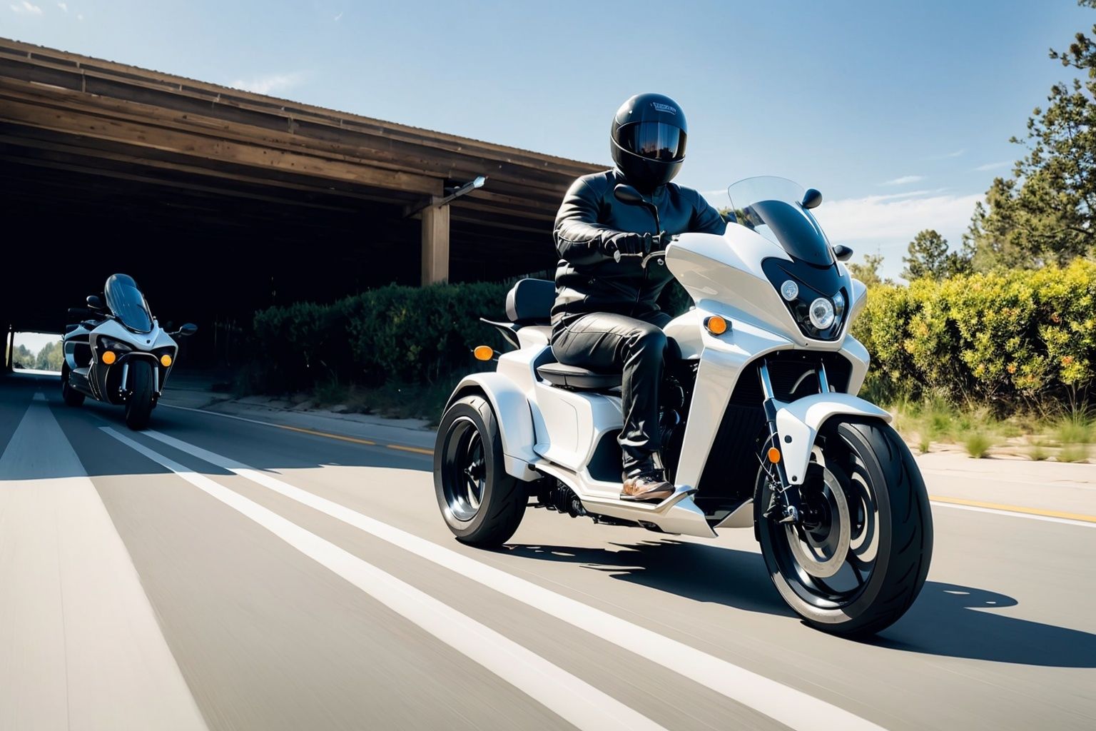 A three wheeled motorcycle with a rounded and plump front, white paint, white appearance, masterpiece, high detail, black tires, (with a white appearance:1.2), (black tires: 1.2), (black rearview mirrors:1.2),