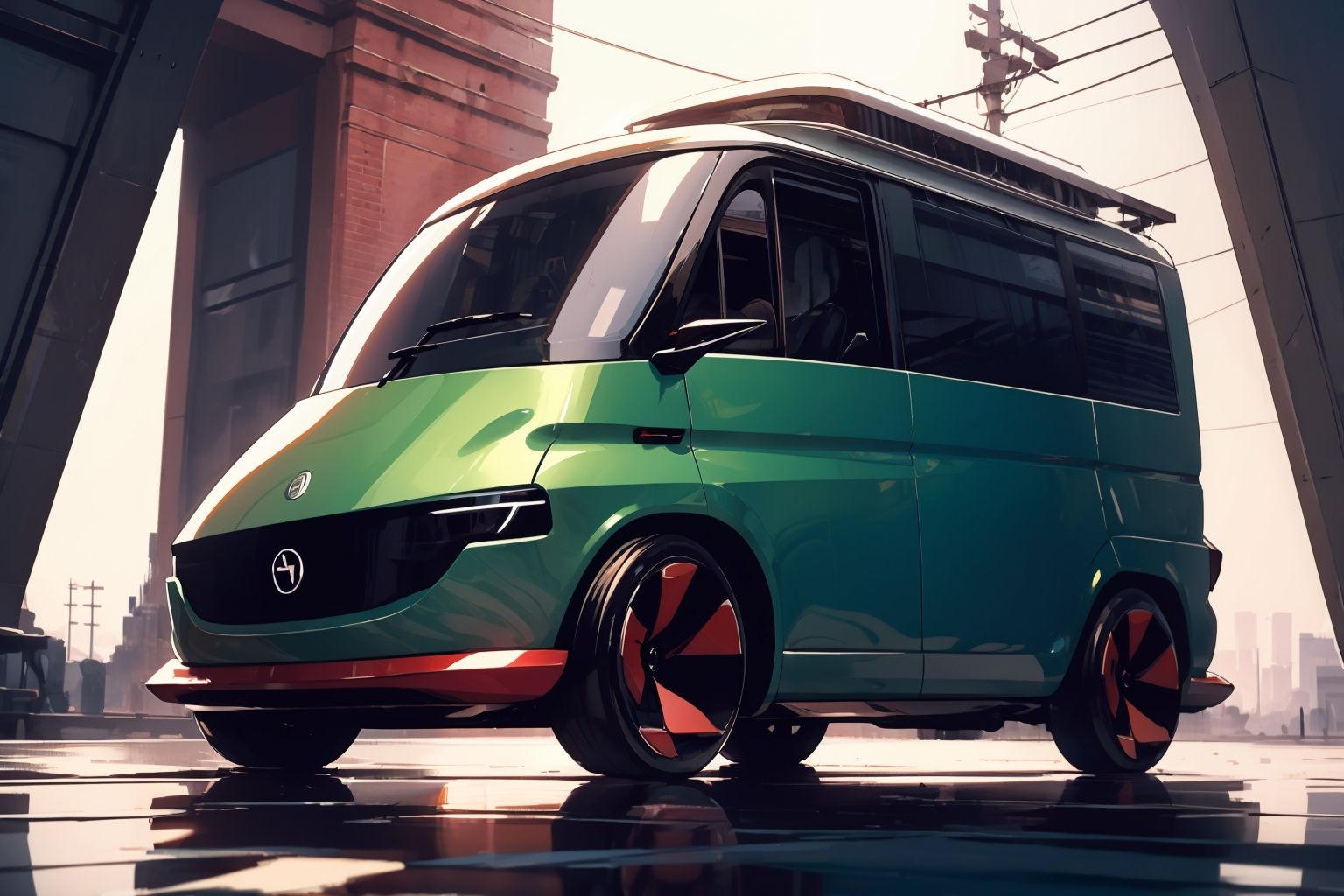  Masterpiece, (of the best quality), a concept ((VAN:1.3)), conceptual design, and electric vehicle elements.with a sense of technology, simplicity,  The red car paint has a good texture and luster.