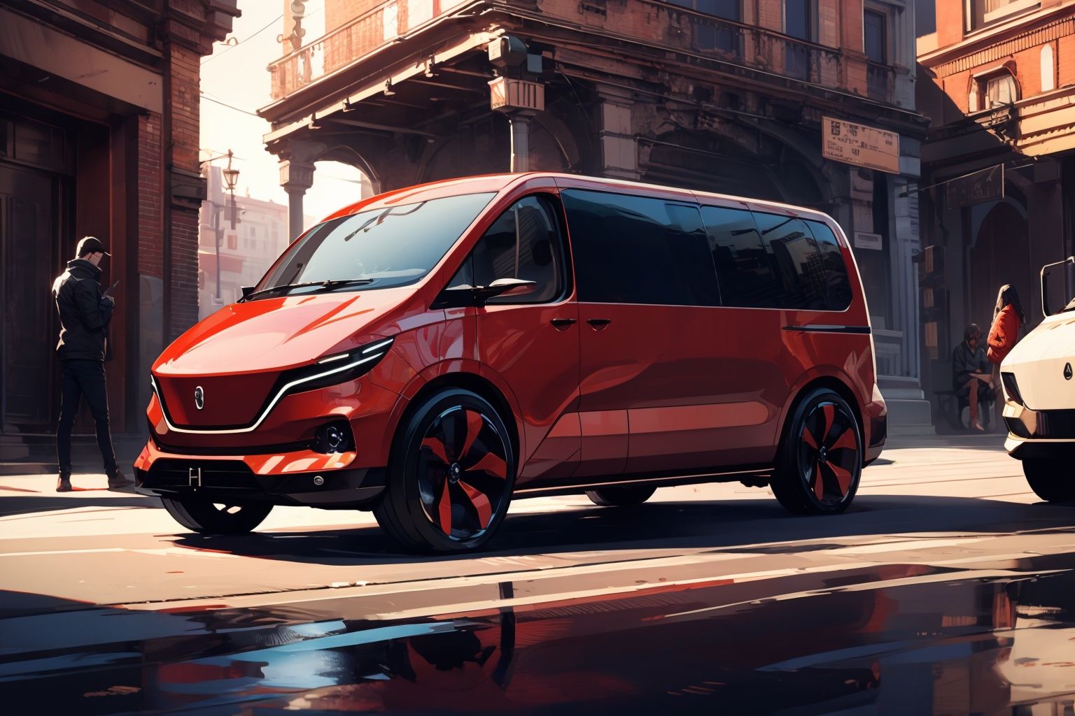  Masterpiece, (of the best quality), a concept ((VAN:1.3)), conceptual design, and electric vehicle elements.with a sense of technology, simplicity,  The red car paint has a good texture and luster.