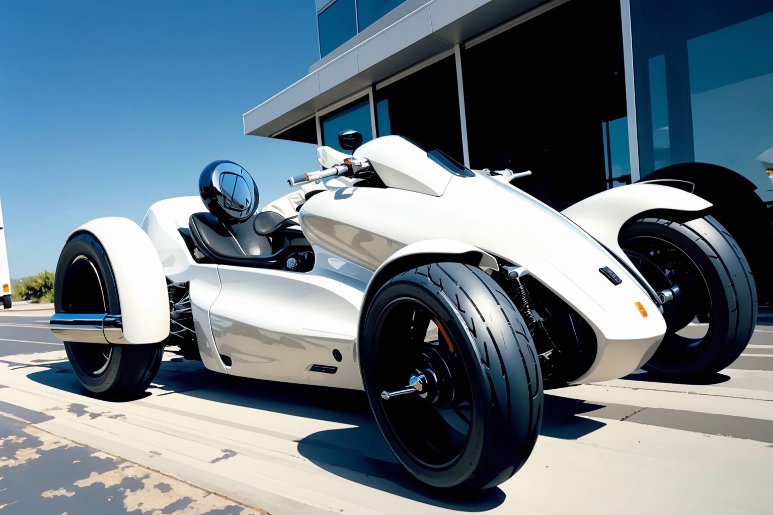 A three wheeled motorcycle with a rounded and plump front, white paint, white appearance, masterpiece, high detail, black tires, (with a white appearance:1.2), (black tires: 1.2), (black rearview mirrors:1.2),
