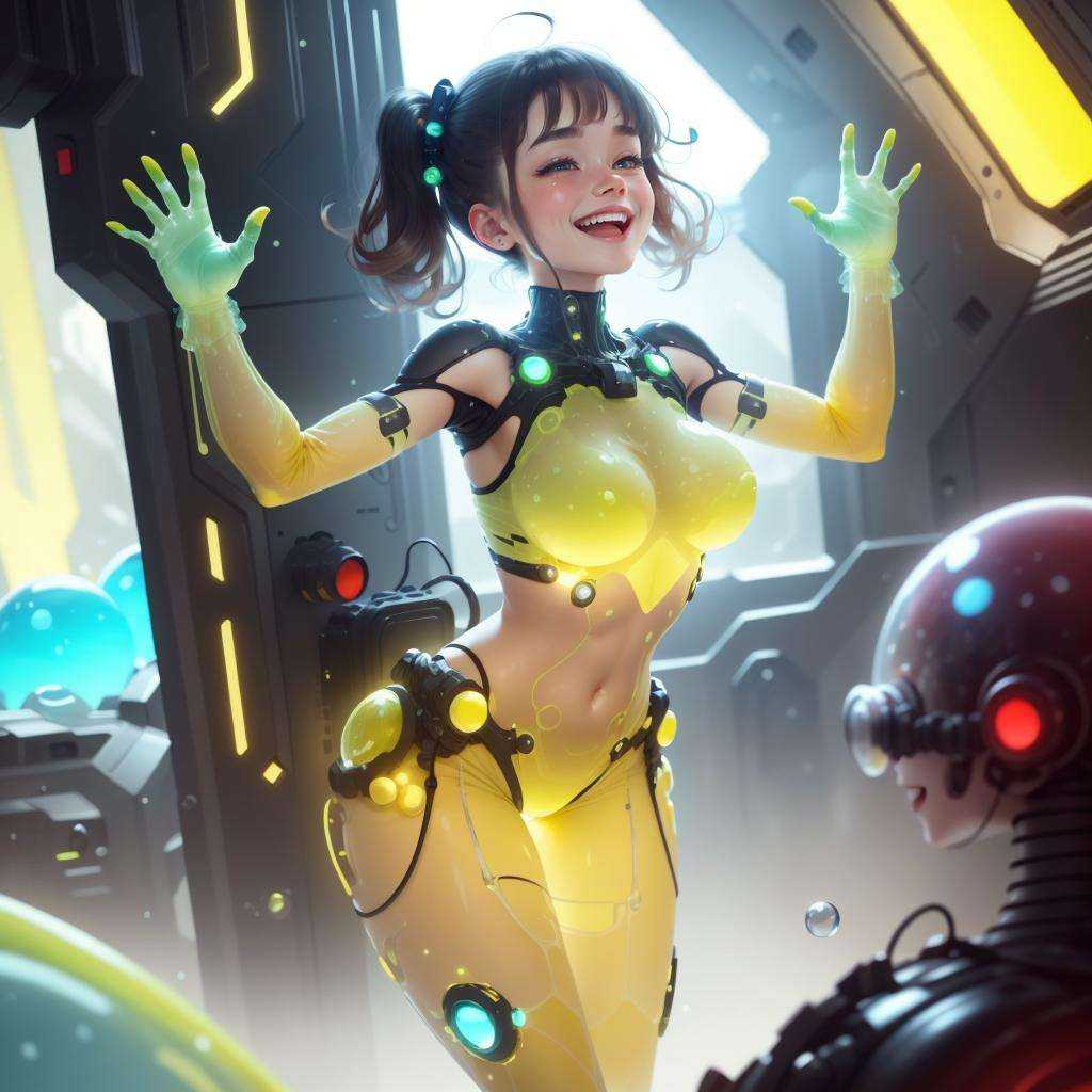 <lora:GelatinTech-20:1>, gelatintech , scifi, yellow , see-through, transparent, giggly , 1girl, 