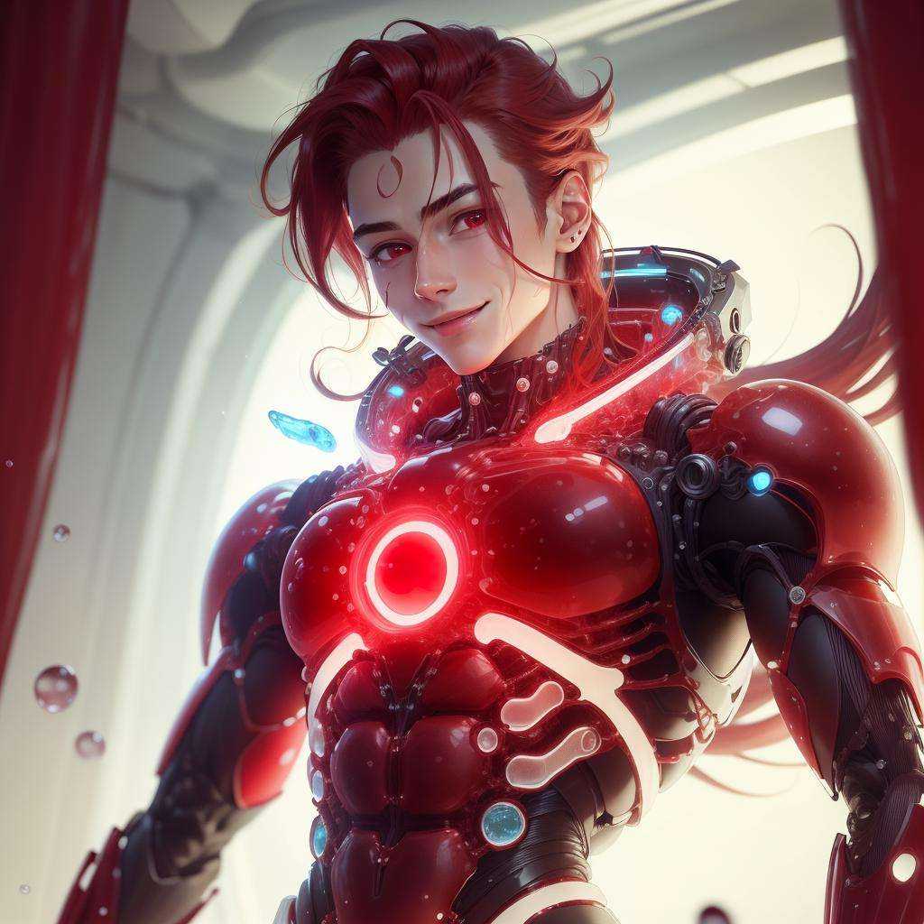 <lora:GelatinTech-20:1>, gelatintech    , scifi,  red ,  see-through, transparent, gelatin skin, scholar , scroll, 1boy,long hair, red hair, glowing eyes, smile ,closed mouth,