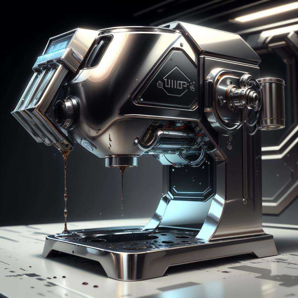 <lora:ChromeTech-21:0.8>,chrometech  , scifi, metallic , chrome,coffee machine , mug,  