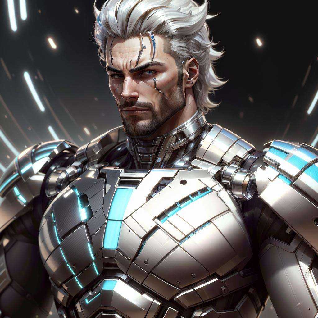 <lora:ChromeTech-21:0.8>,chrometech  , scifi, metallic , chrome ,man, <lora:Gigachadv1:0.65> gigachad, silver glowing hair ,