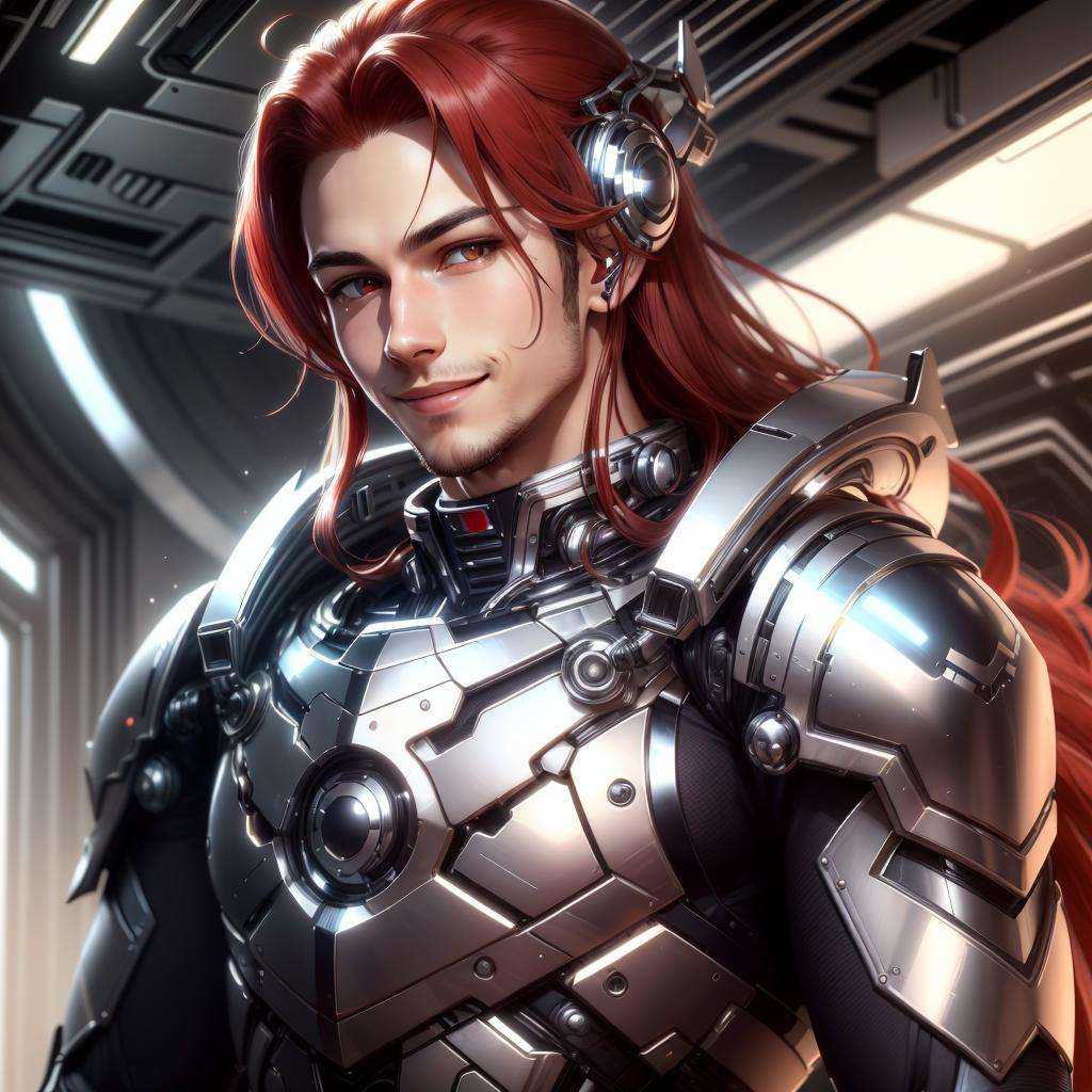 <lora:ChromeTech-21:0.8>,chrometech  , scifi, metallic , chrome  scholar , scroll, 1boy,long hair, red hair, glowing eyes, smile ,closed mouth,
