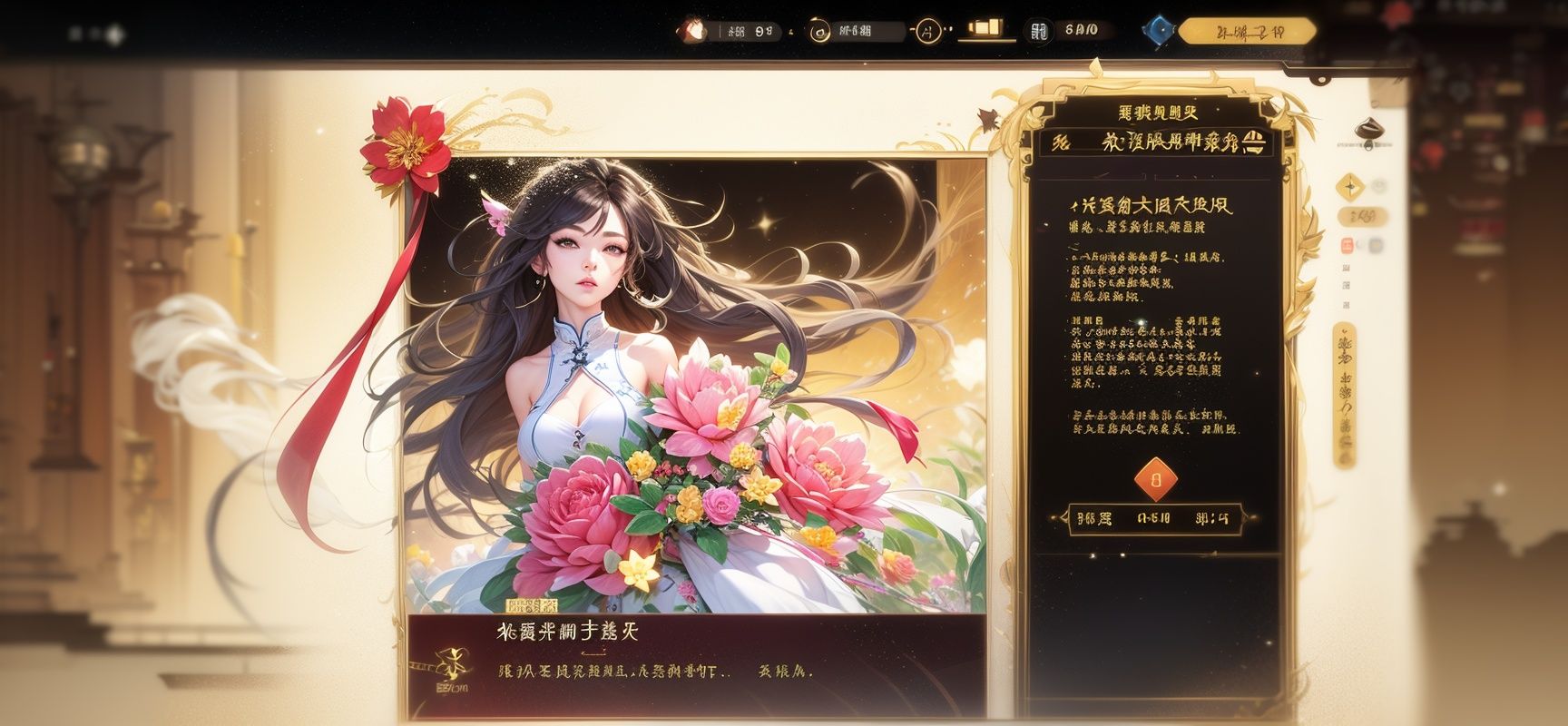 Chinese style, new Chinese style, Qixi, pink, couple, one boy, one girl, right tab bar, upper right corner closed, upper left corner returned, a small amount of text messages, buttons, button 1, tab page, startup item, white base plate, gold plating, elegant, smooth, beautiful, dreamy, simple, clear, advanced gray, light redFlowers, star decorations, gildedhigh-definition, 8k, masterpiece，Ribbon decoration <lora:huanqing20230906:1>