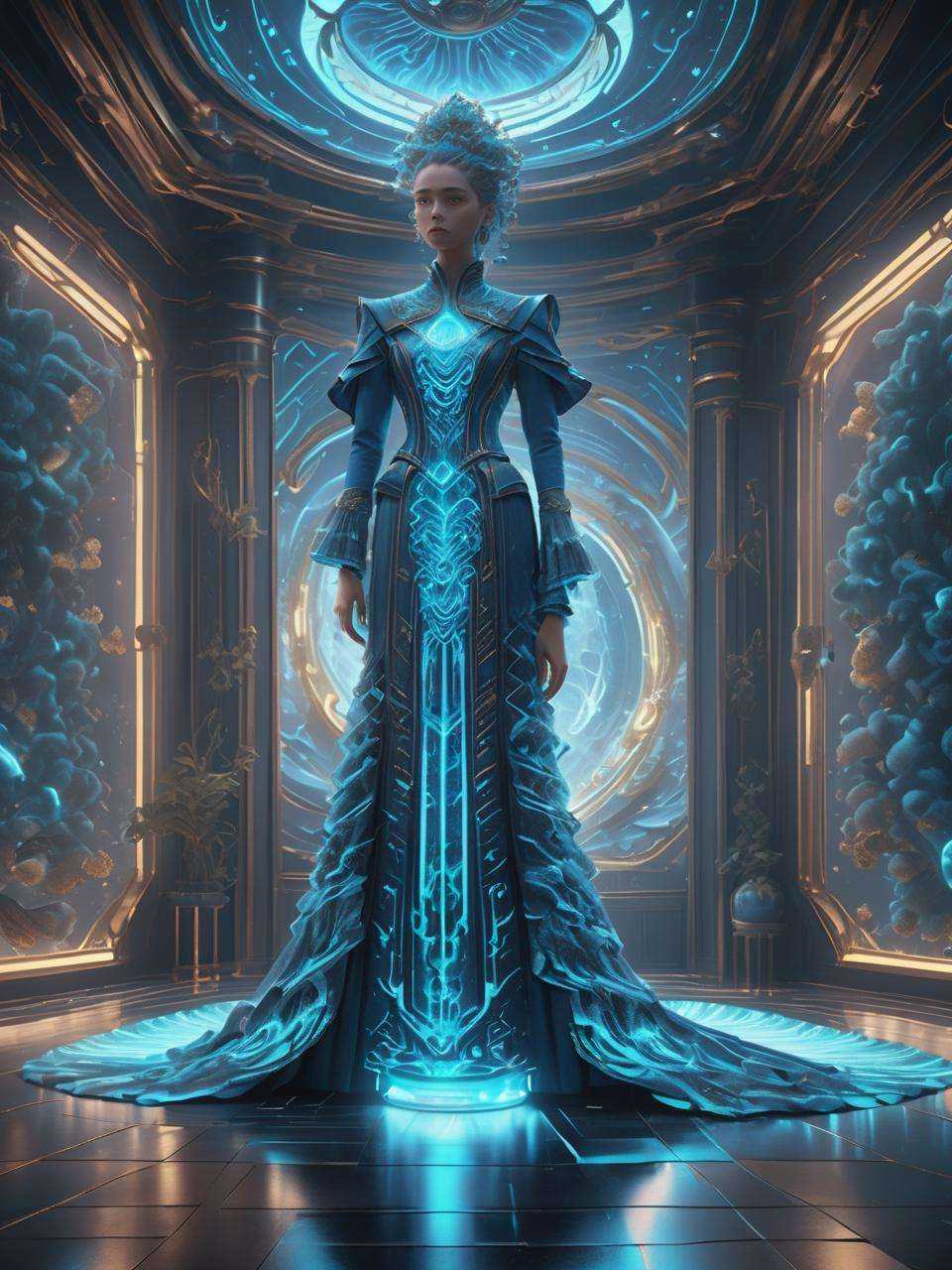 ((best quality)), ((masterpiece)), ((realistic,digital art)), (hyper detailed),DonMPl4**4T3chXL full body clothing, Boat Neck, Rayon, Ribbed,, Bioluminescent Fiber-optic Threads, Cuffed Sleeves, Floor-Length, Drop Waist, Ball Gown Skirt,  Illusion Back,  , octane rendering, raytracing, volumetric lighting, Backlit,Rim Lighting, 8K, HDR,  <lora:DonMPl4**4T3chXL-000010:0.7>