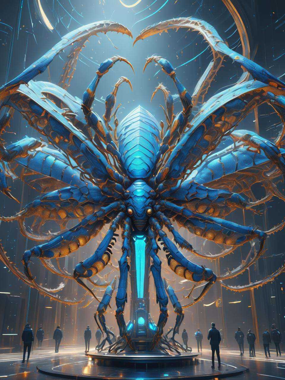 ((best quality)), ((masterpiece)), ((realistic,digital art)), (hyper detailed),DonMPl4**4T3chXL Big Graceful Creeping Futuristic Arachnid,  Scaled Appendages, Trifurcated-Tailed, Prehensile-Tailed, Scales,  Celestial Wings,, octane rendering, raytracing, volumetric lighting, Backlit,Rim Lighting, 8K, HDR,  <lora:DonMPl4**4T3chXL-000010:0.7>