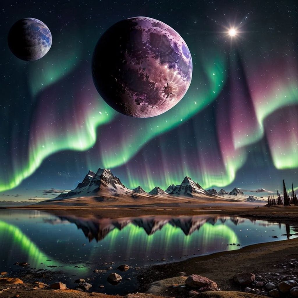alien planet, city, no_humans,machine，weapon，spacecraft，moon, star \(sky\), starry sky, sky, space, planet, full moon, night, night sky, shooting star, cloud, milky way, scenery, galaxy, city lights, earth \(planet\), aurora, mountain, snow, tree, moonlight, no humans, cherry blossoms, snowing, water, light particles, fantasy, reflection,<lora:99586ccc9bc213bb377b1a4581dcb6ca1b9da646e6fe0c9380bc8b9a6ef0225a:0.6>