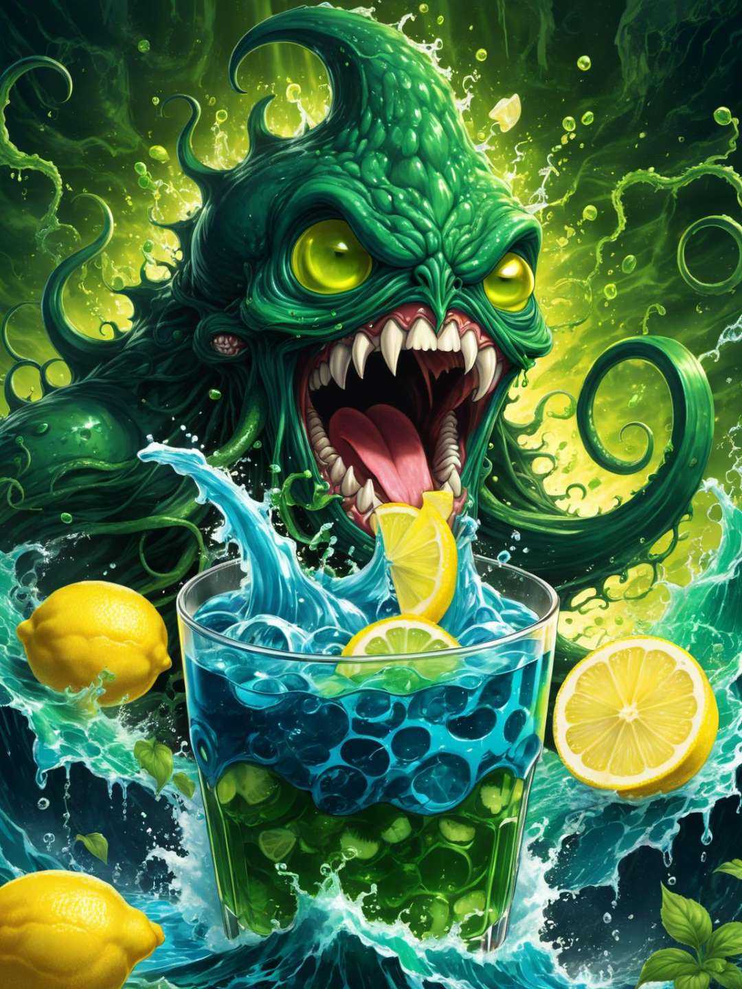 anime artwork Kool aide man chuthulu yelling "Oh yeah!" and crashing through the abyss,  eldritch abomination,  the old go...