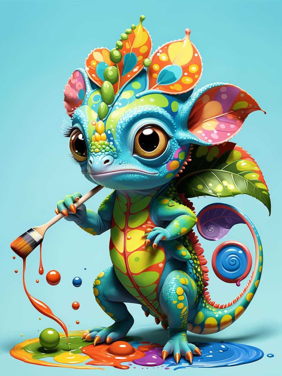 Kawaii Chameleon Painter changing its body colors to match its vibrant painting. Render this in an anime style,  focusing...