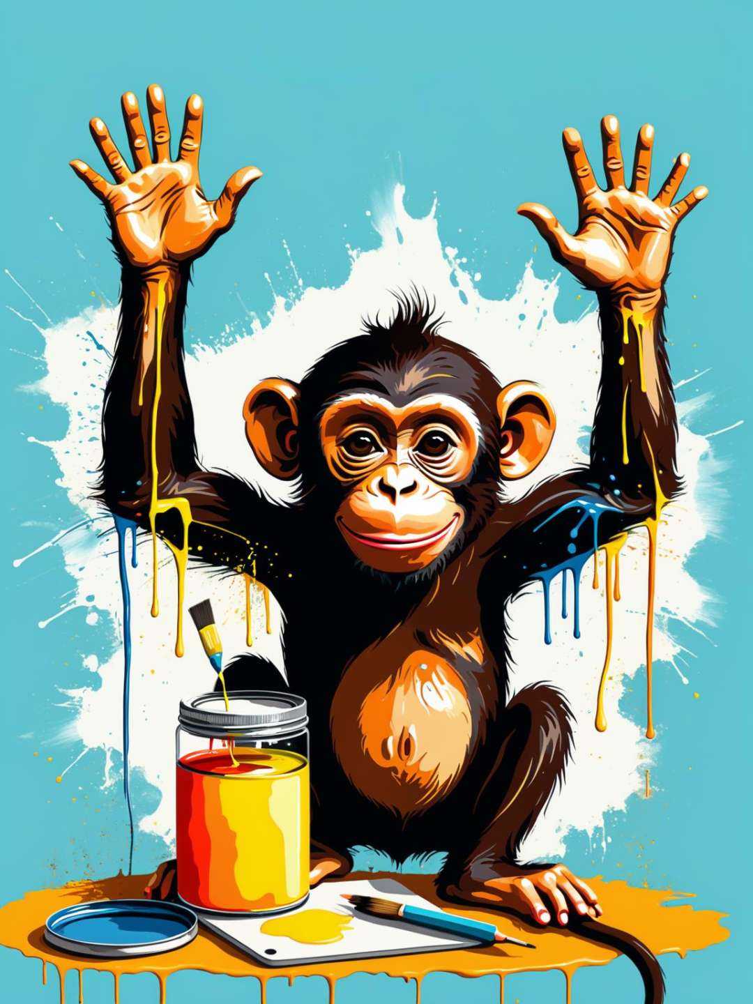 minimalistic,  flat shading,  a detailed photo of a monkey dripping paint learning to use tools on Tensor.Art