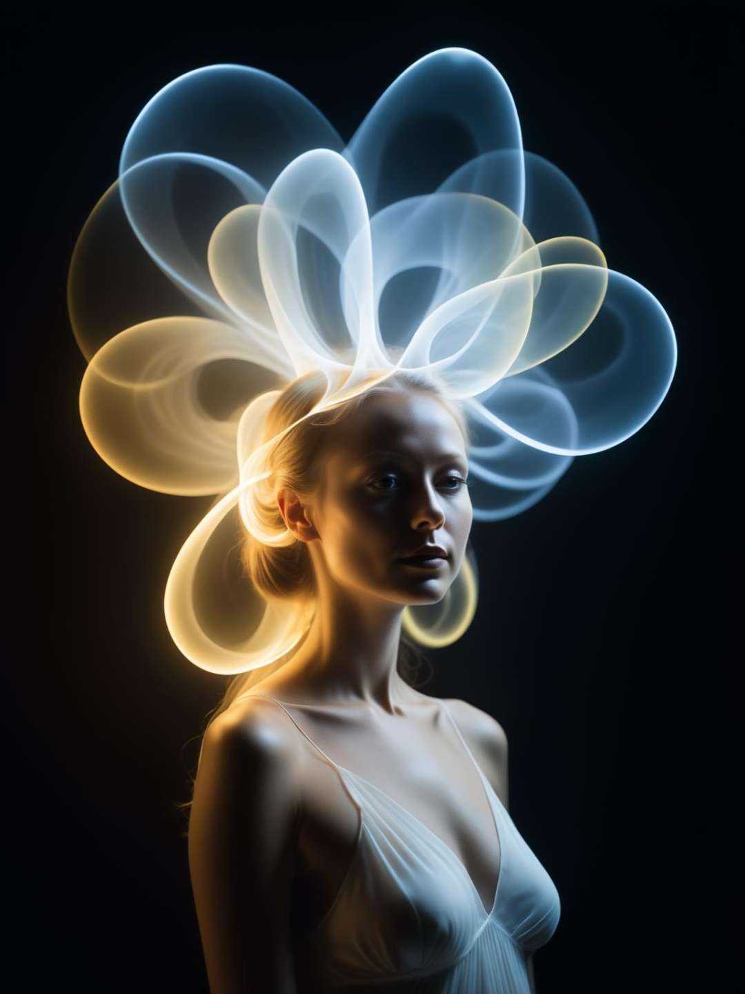 a photograph of a luminecent creature in style of Luminogram portrait with fiber optic light painting,  Light field photog...