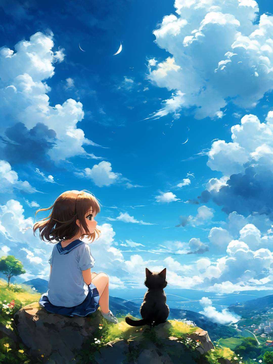 A anime,  little girl sitting on the hill looking at sky,  with her hair blowing in clear day on Tensor.Art