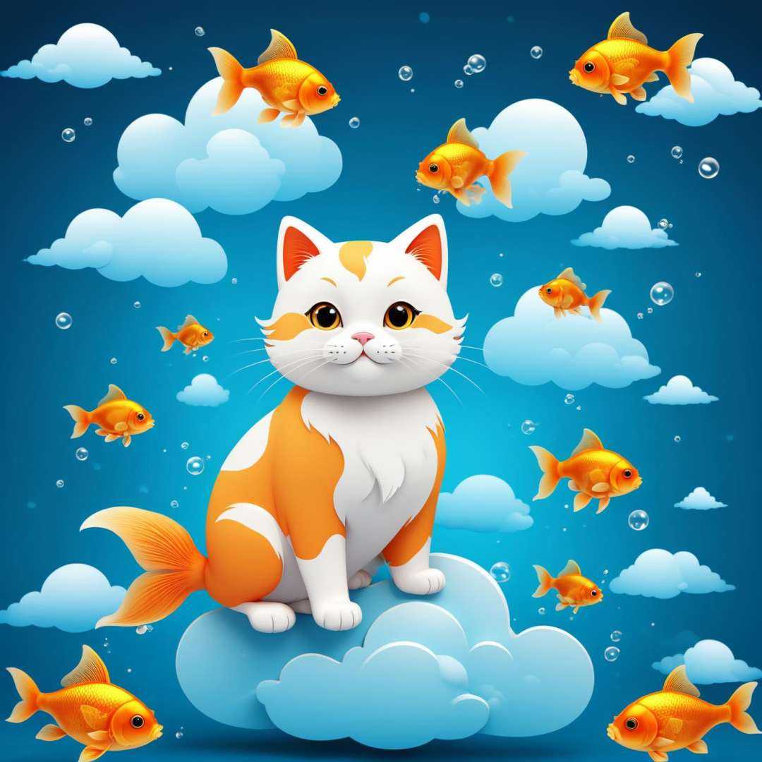 cartoon style illustration,  minimalist style,  animals made of cloudCat and Goldfish: on Tensor.Art