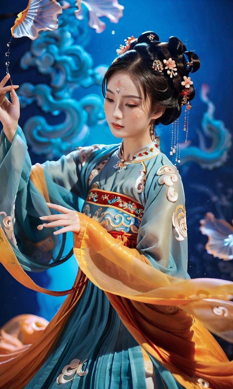 A captivating photograph. A girl dressed in tang,tang clothes,moves gracefully amidst swirling ink-like fluidic effects.,