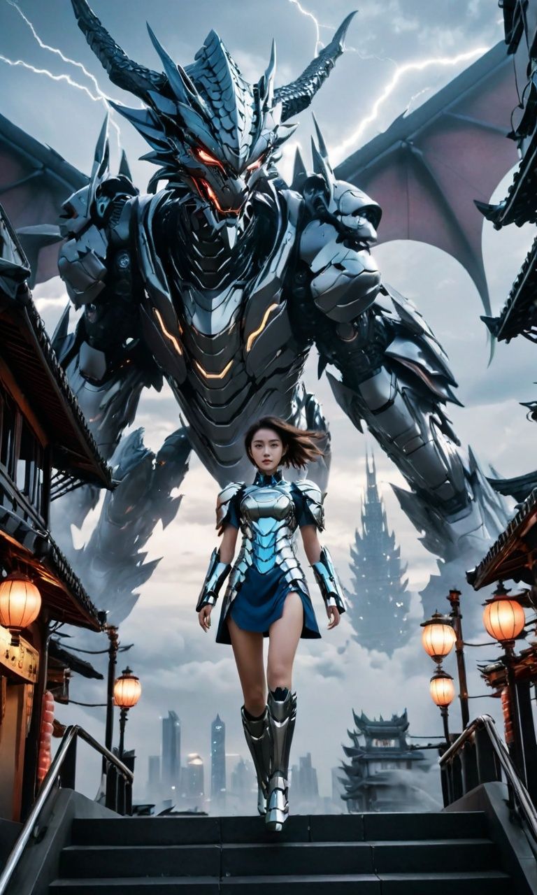 (masterpiece, top quality, best quality, official art, beautiful and aesthetic:), futuristic city, armor, (A girl is flying in the sky:1.4), wind, storm, intricate, elegant, highly detailed, smooth, sharp focus, Dragon ear, backlighting, 8k, big mecha monster in background, night, (dark environment), 