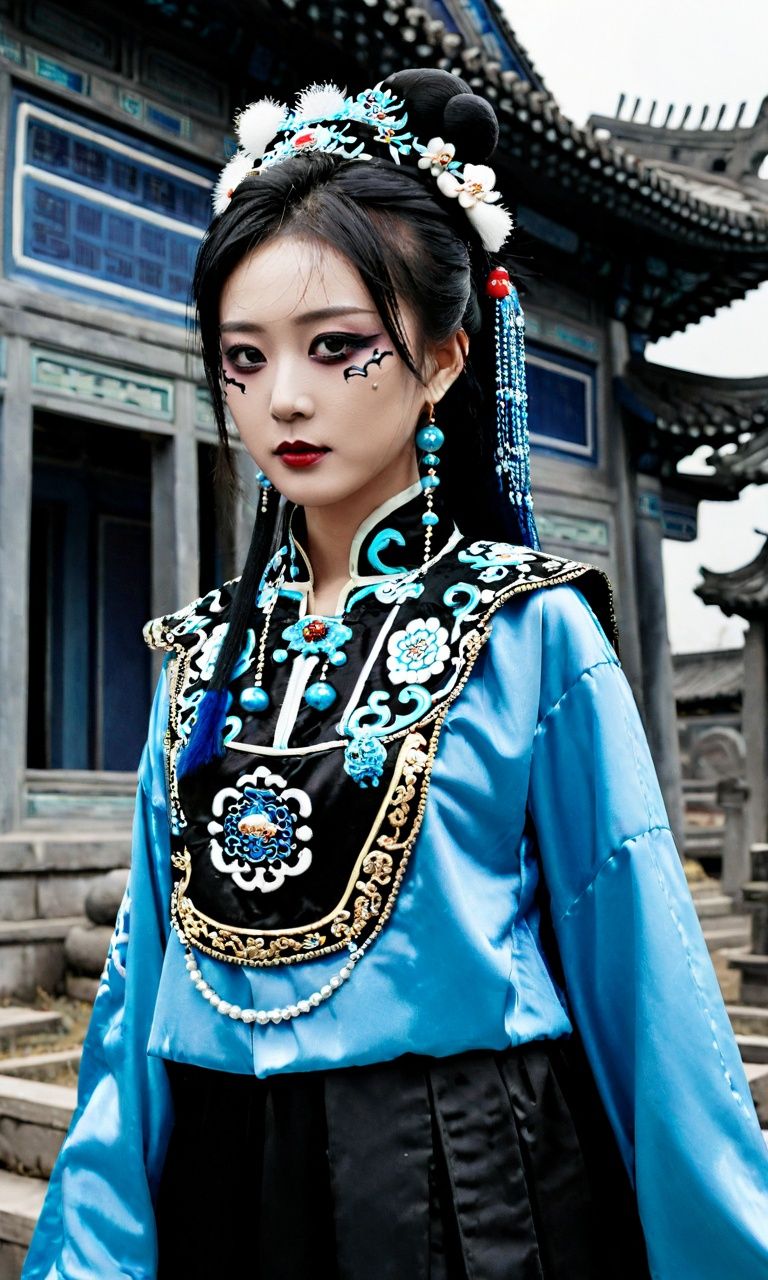 masterpiece,best quality,qing zombie,chinese zombie,zombie costume,blue and black costume with a blue scarf and pearls on neck ,1 girl,looking at viewer,jiangshi,Chinese architecture,Graveyard,haunted house,