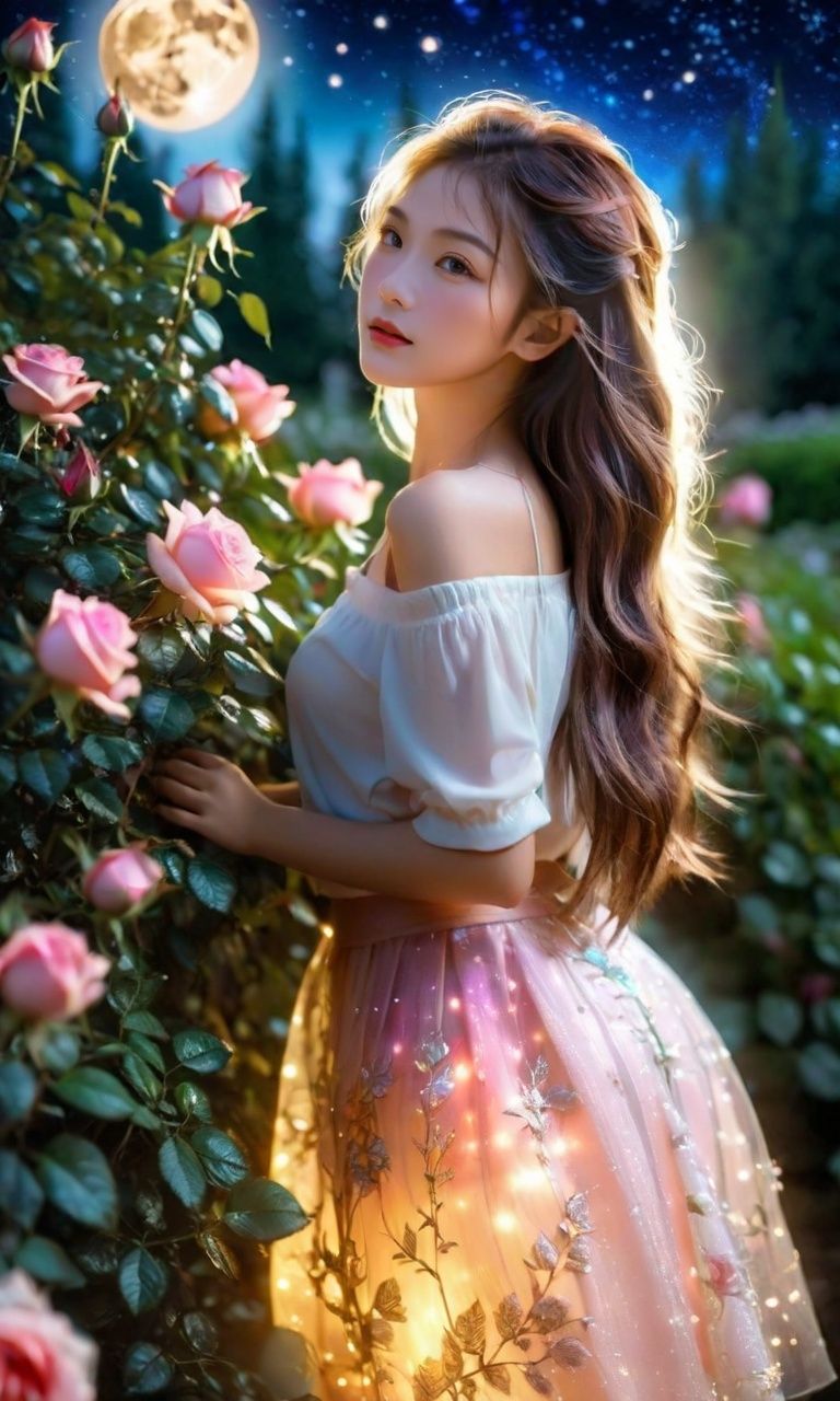 Dramatic landscape style, elegant, clear focus, soft lighting, vibrant colors, masterpiece, 1 girl, (glowing skirt), colorful light skirt, standing in the rose bushes, dreamy scene, glowing particles, soft lighting, forest, (moon), starry sky, clear details, flowing hair, exquisite facial features, extremely beautiful face, masterpiece, best quality