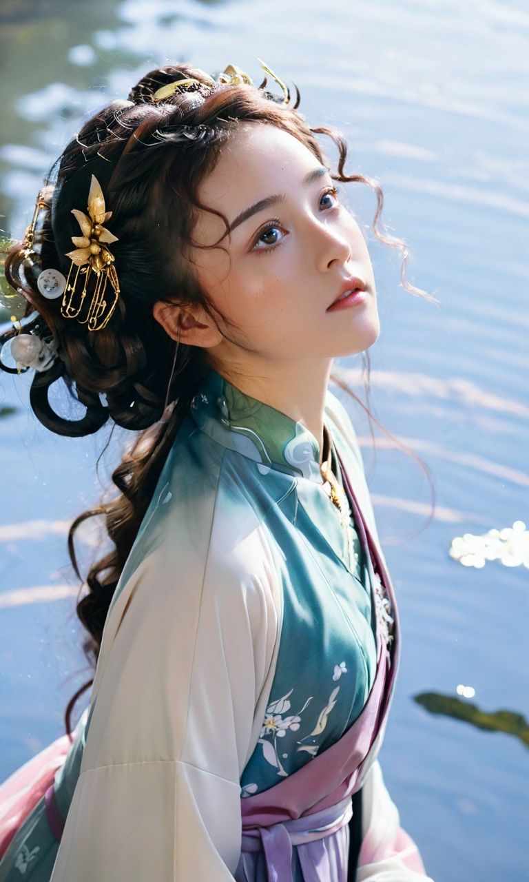 (long shot front view:1.1) a girl with brunette Curly hair and hazel eyes wearing modest cyber mecha hanfu,(looking up in awe:1.1),watercolor splotches background,Backlit,soft lighting,(water color:0.8),anime artwork,anime style,key visual,vibrant,(extremely detailed:1.1),expressive,