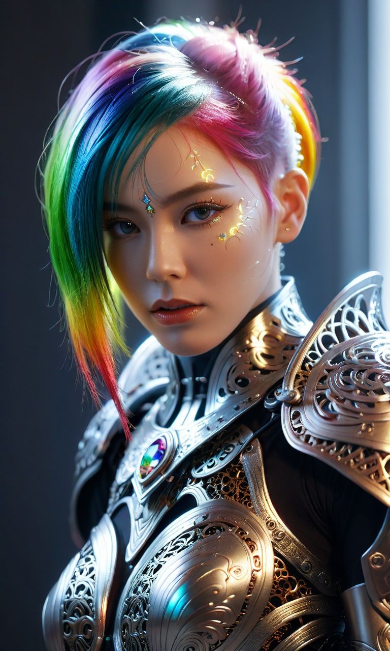 surreal photography of a stunning beautiful cyborg female, rainbow hair, huge breast, (beauty and detailed armor), embraced, delicate white filigree, intricate filigree, glowing, navel, highly detailed, intricate detailed, face symmetry, masterpiece, award-winning, sharp focus, concept art, low key, 8k, uhd, low key, octane render