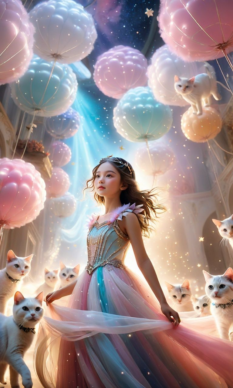 In a fantastical realm, a young girl stands amidst a swarm of adorable winged cats. She dons a dazzling princess gown adorned with twinkling stars that reflect a multitude of colors. The backdrop paints a surreal dreamscape with vibrant pink and pure white hues. Above, whimsical and surreal clouds twist and swirl, creating an otherworldly atmosphere. The composition plays with exaggerated angles and perspectives, infusing the scene with dynamism. Special effects include a subtle ethereal glow around the cats and the girl's joyful expression. The lighting is cinematic, with soft, diffused illumination that adds a dreamlike quality. The result is a mesmerizing and emotional visual experience, captured in high detail and rendered in HDR.