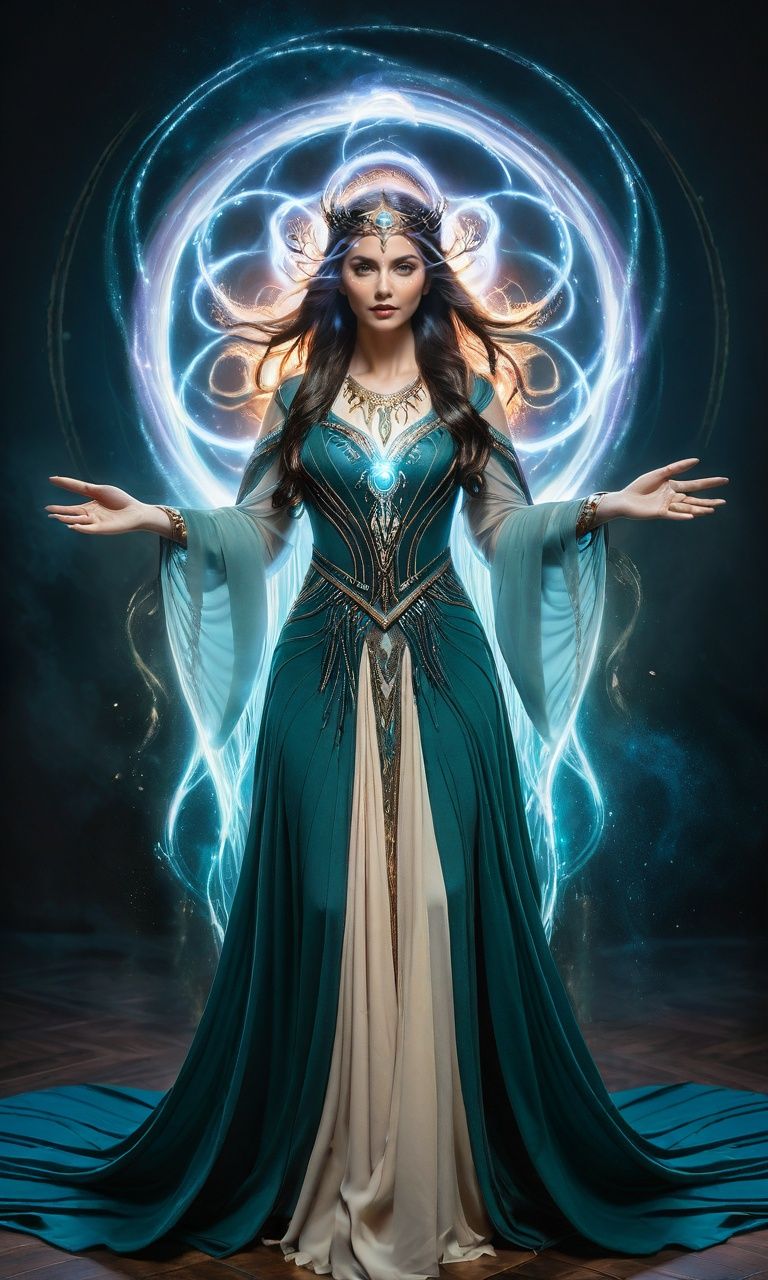 A spellbinding full-body portrait of an enchantress conjuring a swirling vortex of magical energy. Her outstretched hands command the elements, and her gown billows dramatically in response. The composition is symmetrical, with the vortex as the focal point, drawing the viewer's gaze. The color palette is intense and otherworldly, contributing to the sense of mystical power