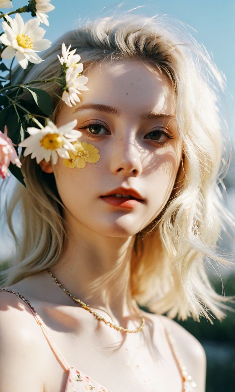 1girl     blonde,floral decorations,detailed skin,sunshine,detailed,(lofi, analog, ),kodak  film,gradient,by Jovana Rikalo,
