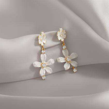 huan, flower earrings, white background, diamond earrings, gold trim, flower,, <lora:ershiv2:1>