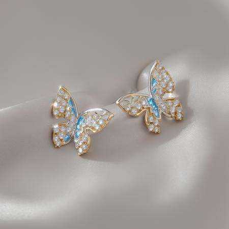ding, diamond stud earrings, butterfly shaped stud earrings, white background, gold trim, , <lora:ershiv2:1>