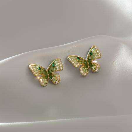 ding, green diamond stud earrings, butterfly shaped stud earrings, butterfly, white background, gold trimmed stud earrings, green gemstone, <lora:ershiv2:1>
