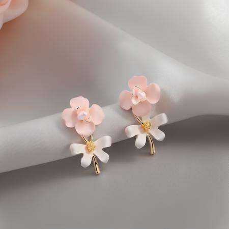 ding, flower shaped stud earrings, flower, white background, pink flower, ribbon, <lora:ershiv2:1>
