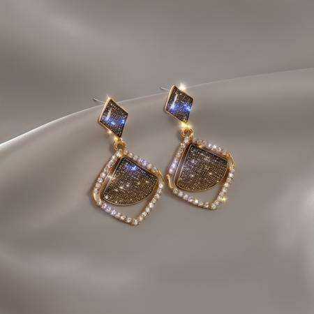 huan, diamond earrings, gold earrings, grey background, sparkle, smooth silk, <lora:ershiv2:1>