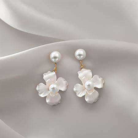 huan, flower earrings, pearl earring, flower, white flower, smooth silk, simple background, <lora:ershiv2:1>