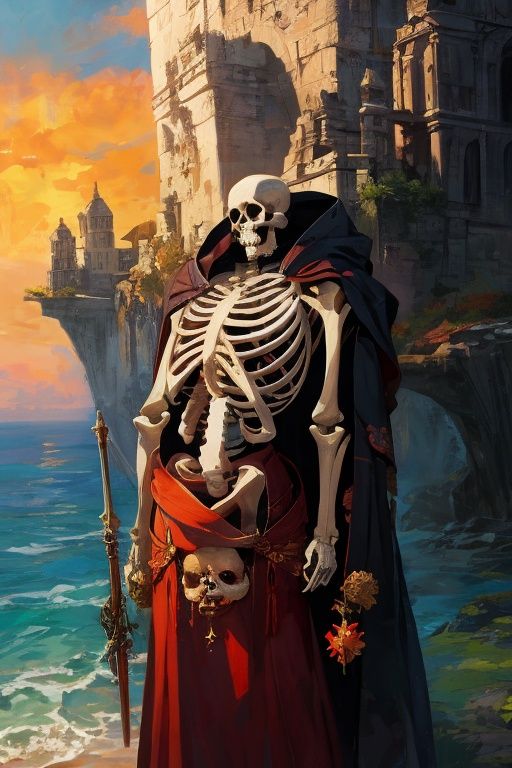 incredibly absurdres,absurdres,realistic,no humans,<lora:human skeleton:0.8>,human skeleton,weapon,over the sea,cloak,