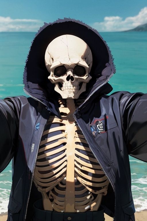 incredibly absurdres,absurdres,realistic,no humans,<lora:human skeleton:0.8>,human skeleton,weapon,over the sea,t-shirt,jacket,