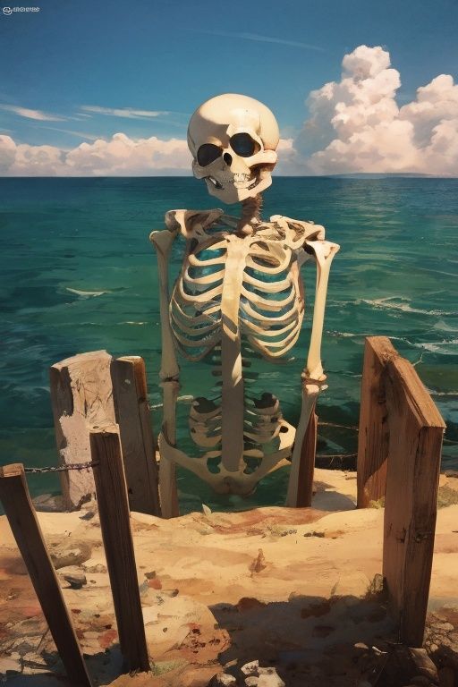 incredibly absurdres,absurdres,realistic,no humans,<lora:human skeleton:0.8>,human skeleton,weapon,suit,over the sea,